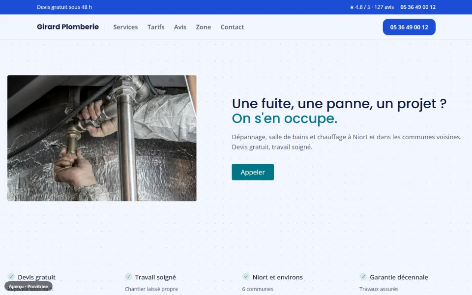Exemple de site fait avec Provitrine : plombier